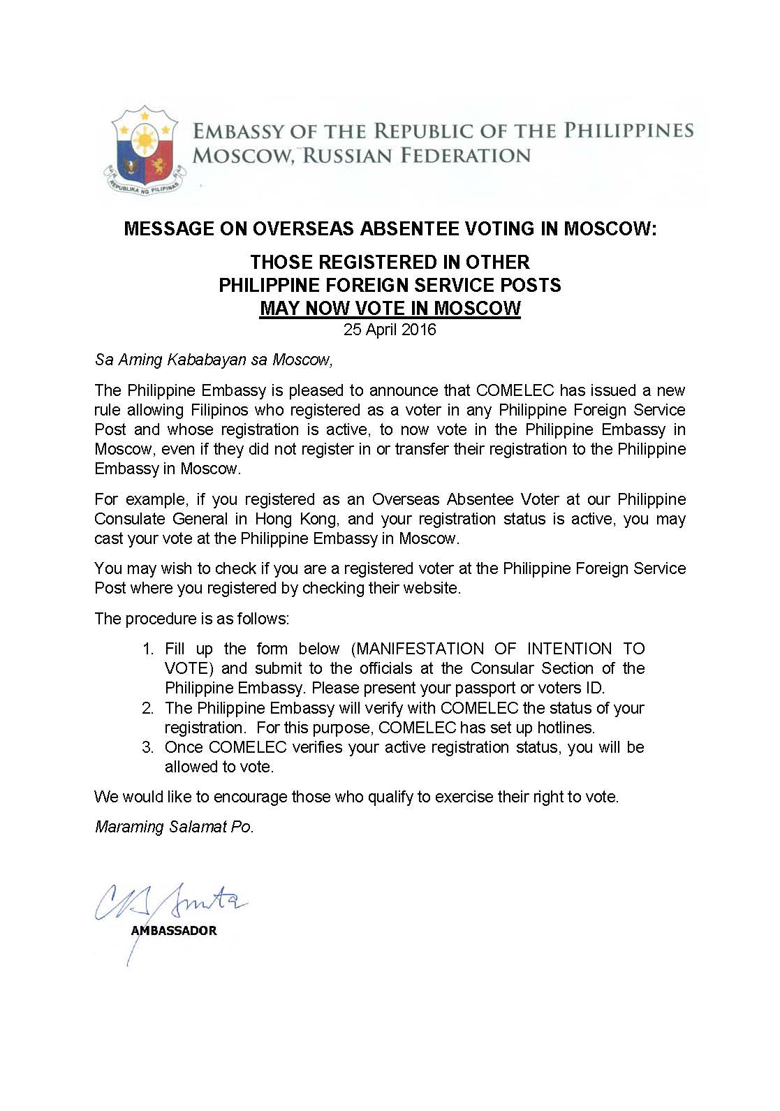 MESSAGE ON OVERSEAS ABSENTEE VOTING IN MOSCOW FOR THOSE REGISTERED ELSEWHERE Page 1