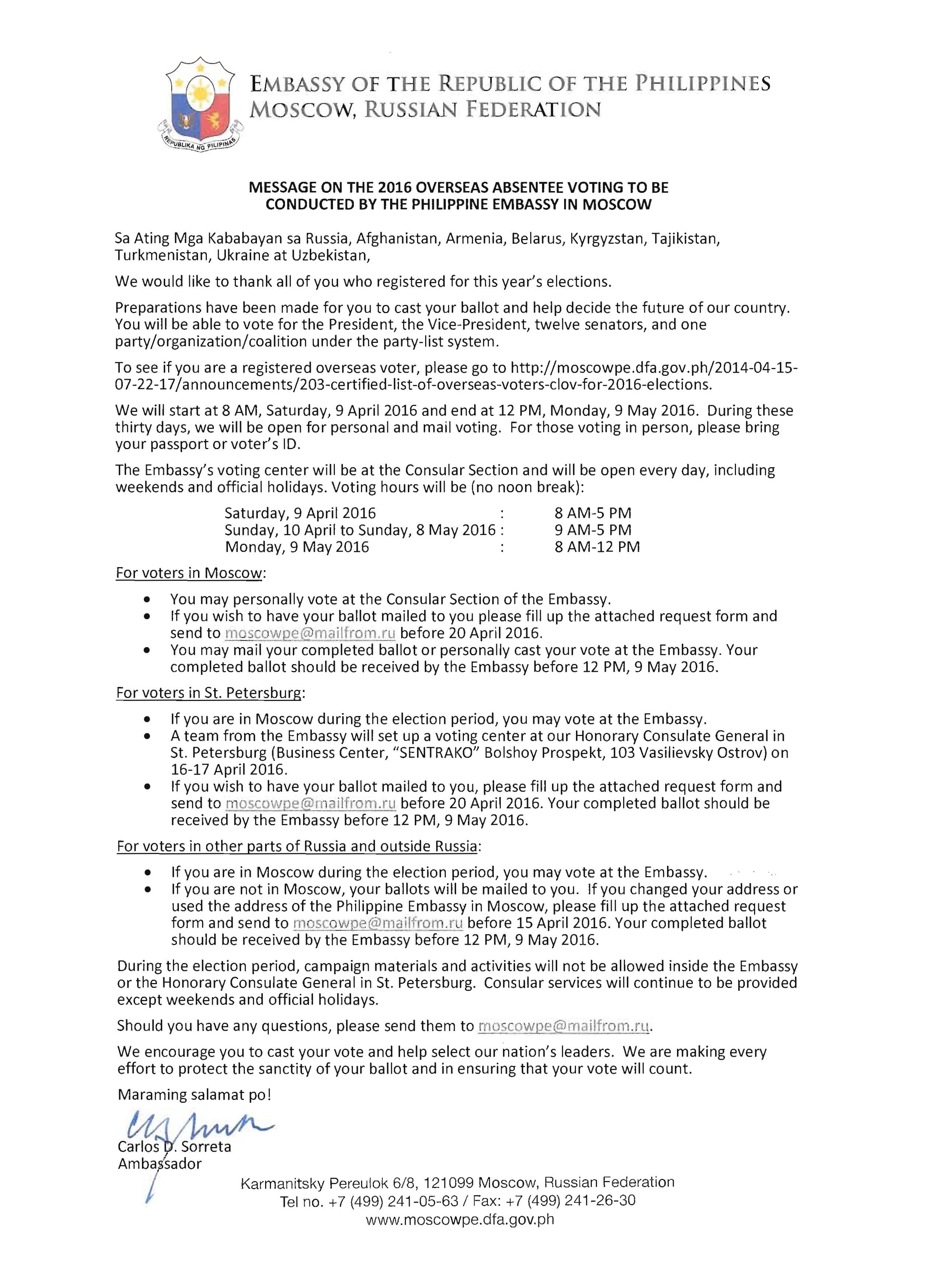 Message on the 2016 Overseas Absentee Voting to be conducted by the Philippine Embassy in Moscow