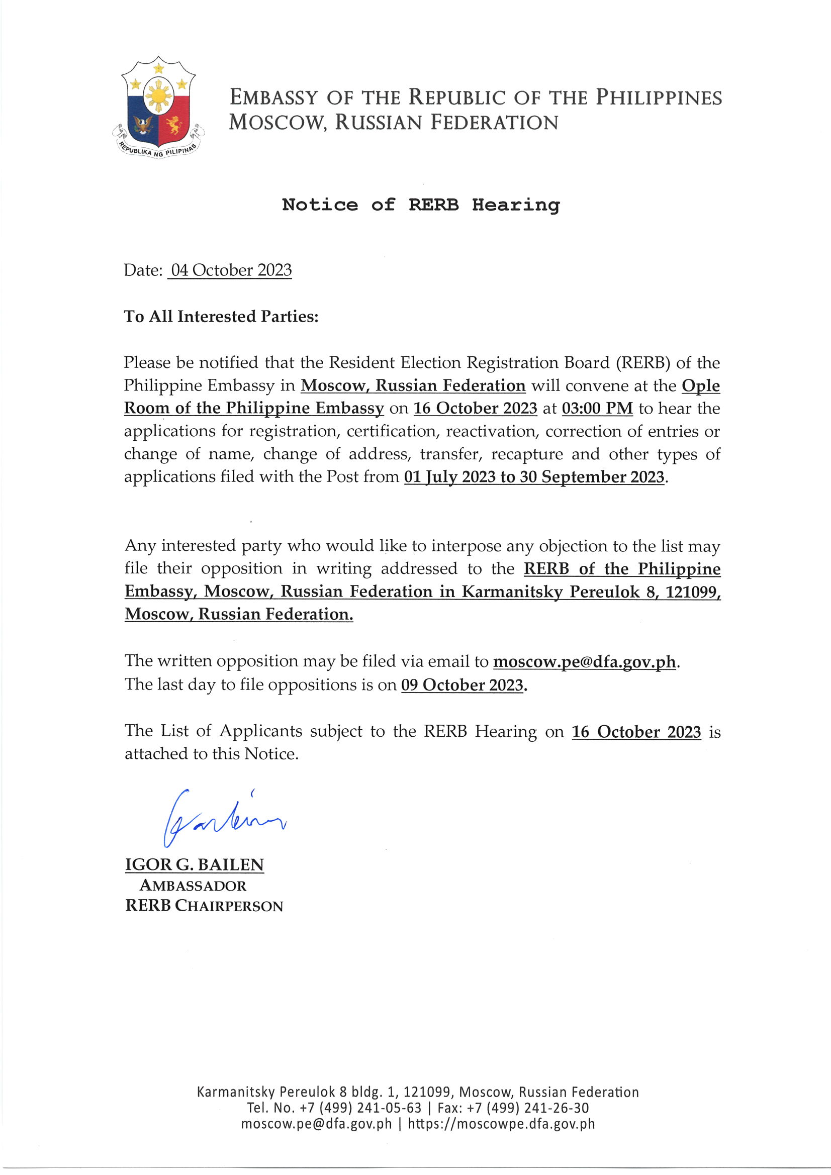 Notice of Hearing for 16 Oct 2023 RERB Hearing Page 1